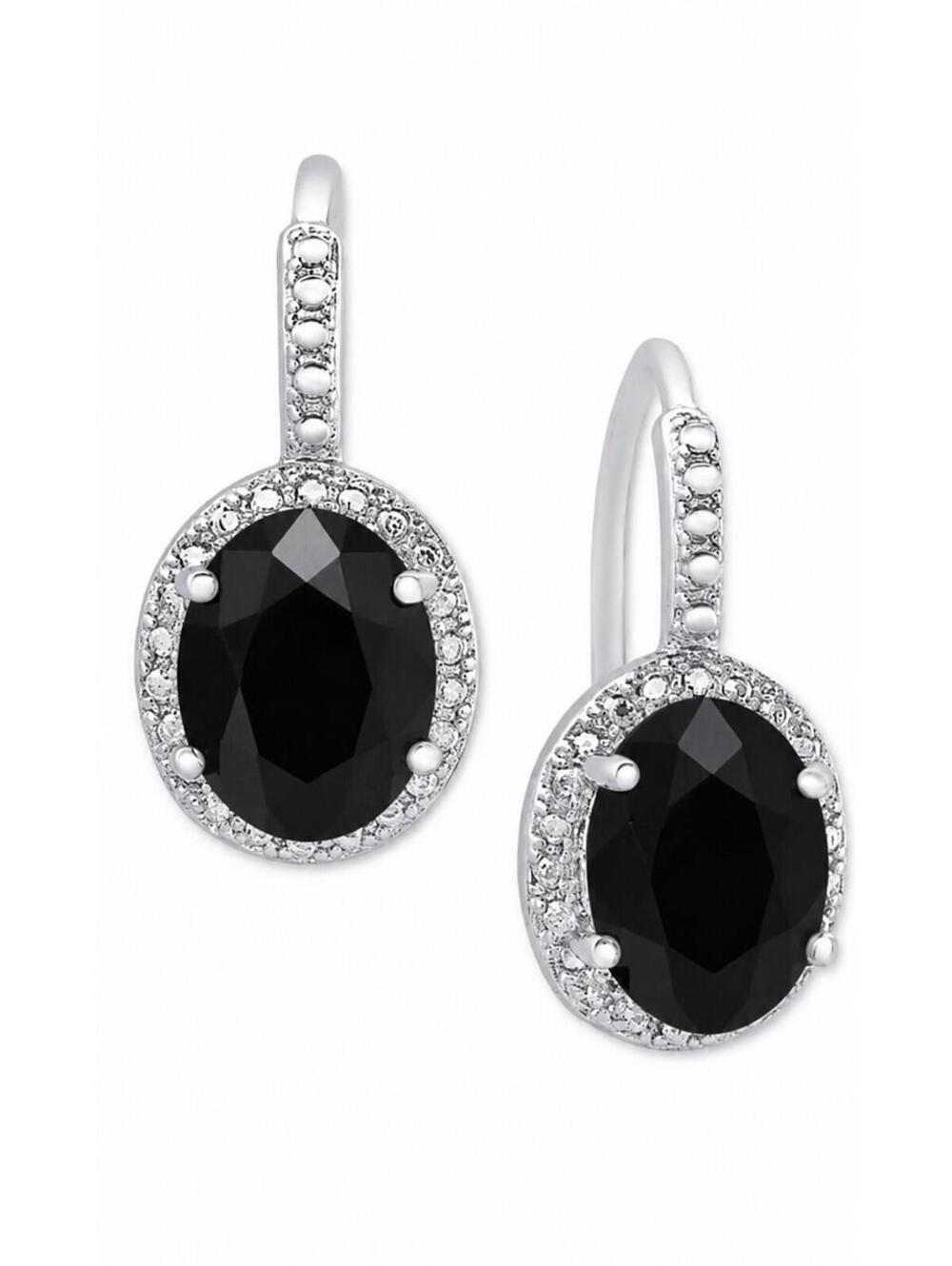 925 Sterling Silver Genuine Black Sapphire Diamond Classic Halo Drop Earrings NB